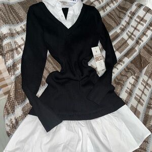 Black and white V-Neck Sweater Dress